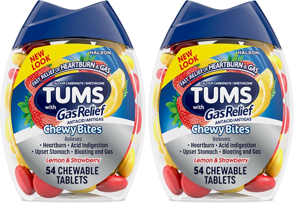 TUMS Chewy Bites Chewable Antacid Tablets with Gas Relief, Lemon & Strawberry - 54 Count (Pack of 2)