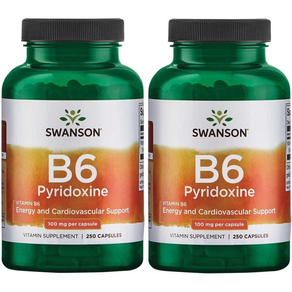 Swanson B6 Pyridoxine - Vitamin Supplement Promoting Cardiovascular Health & Energy Metabolism - Natural Formula Promoting Overall Wellness - (250 Capsules, 100mg Each) (2 Pack)