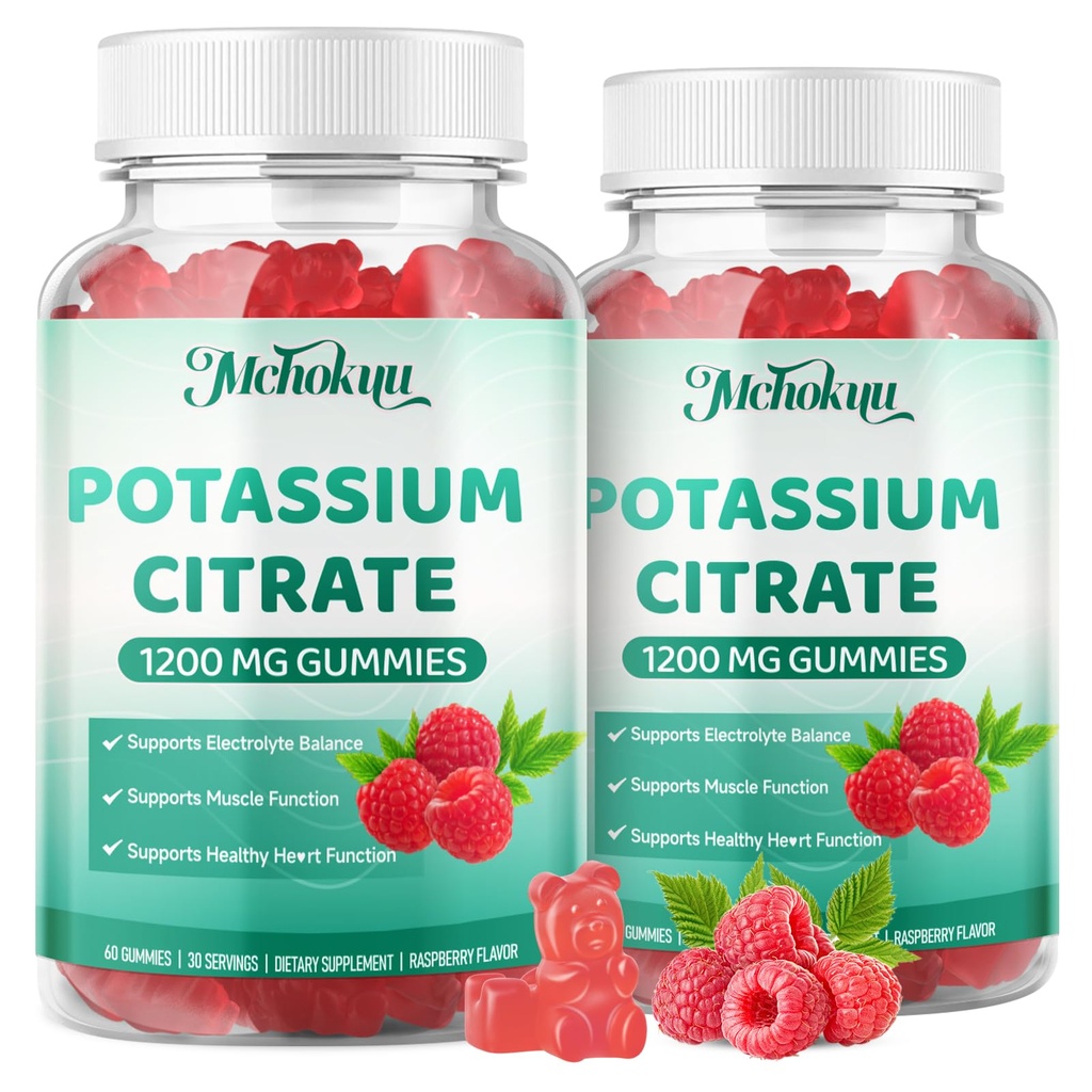 Potassium Citrate Supplement Gummies, Potassium Supplements for Women & Men, Helps Maintain Muscle Wellness & Electrolyte Balance, Vegan, Raspberry Flavor, 120 Count Potassium Gummies