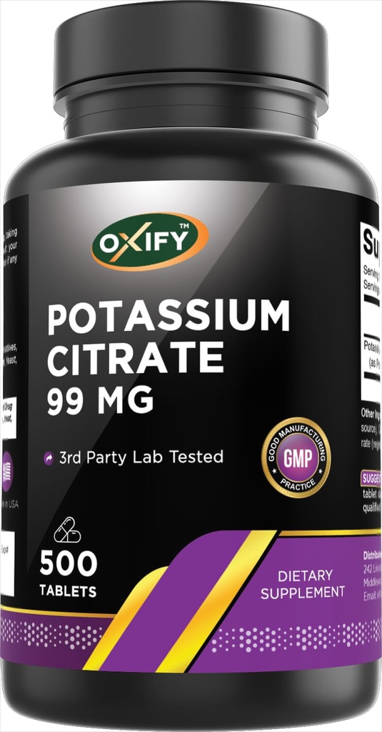 Oxify Potassium Citrate 99 mg | 500 Tablets | Gluten-Free, Non-GMO | Supplement Made in USA