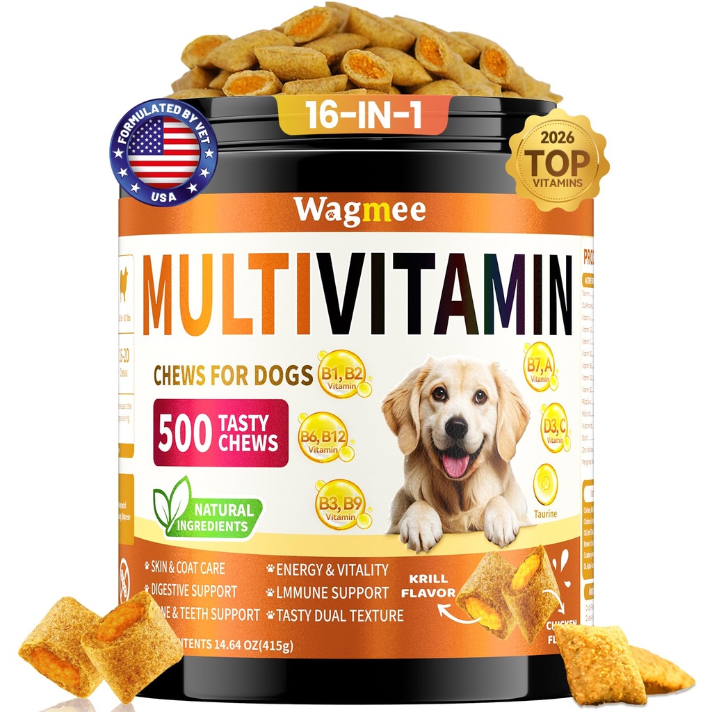 Dog Vitamins and Supplements, 16-in-1 Dog Multivitamin Soft Chews, Daily Nutrition Support for Energy, Heart, Skin & Coat, Digestion, with Taurine, Omega 3, Zinc & B Vitamins, 500 Ct for All Breeds