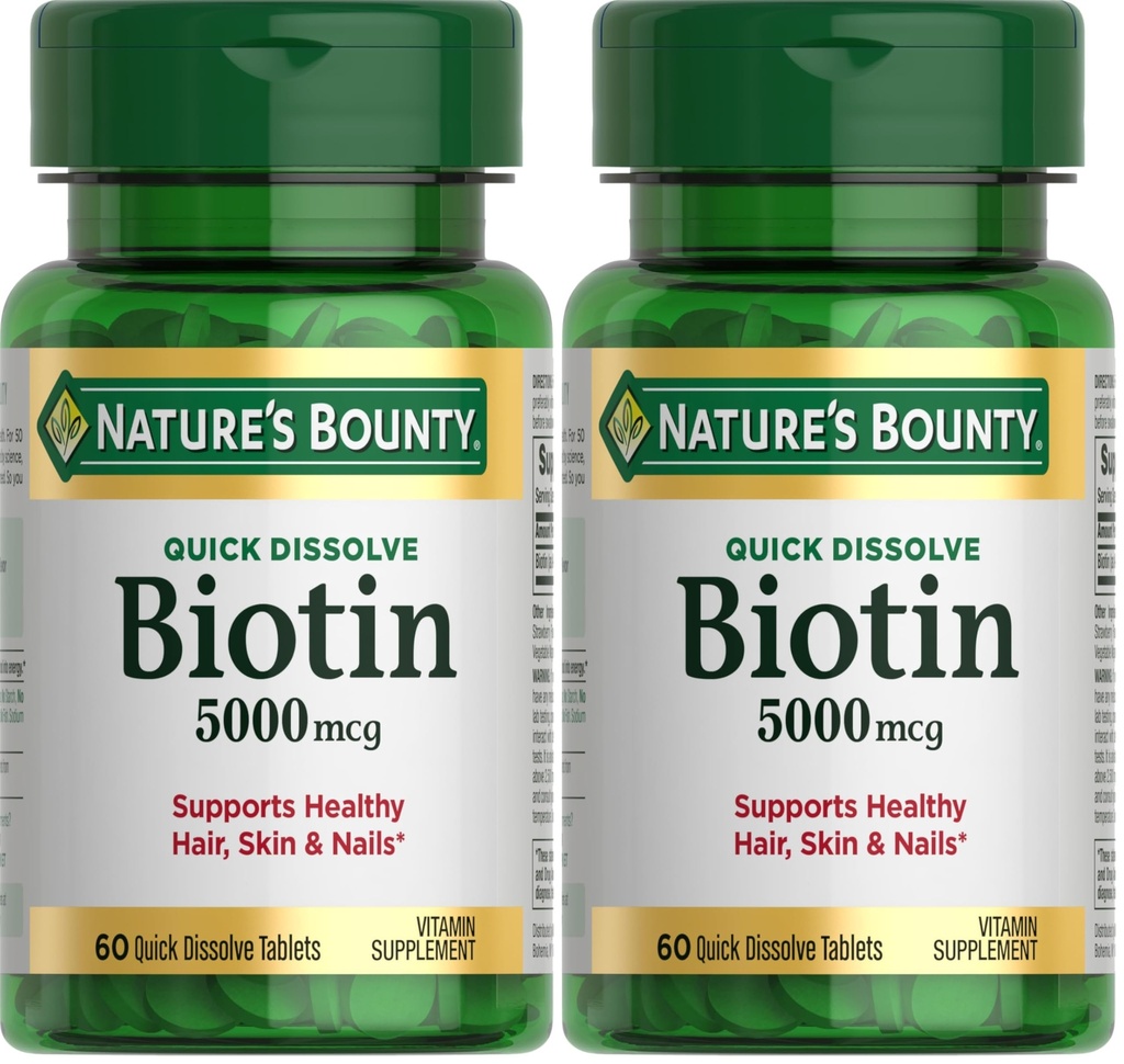 Nature's Bounty Biotin, Supports Metabolism for Cellular Energy and Healthy Hair, Skin, and Nails, 5000 mcg, 60 Quick Dissolve Tablets, (Pack of 2)