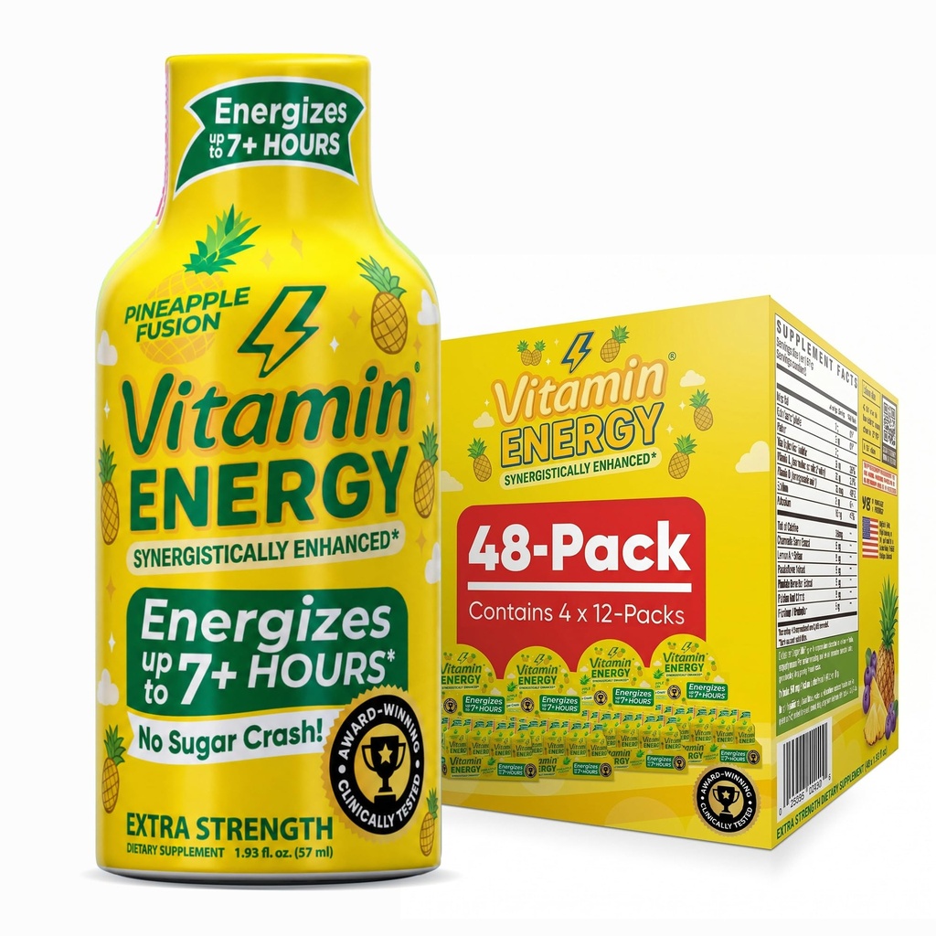 Vitamin Energy Pineapple Fusion Extra Strength Energy Shot, 48 Pack - Up to 7 Hrs, 260mg Natural Caffeine, Zero Sugar - Green Tea Extract, Immune Support, B12 B6 Niacin, 1.93 fl oz, Keto Vegan
