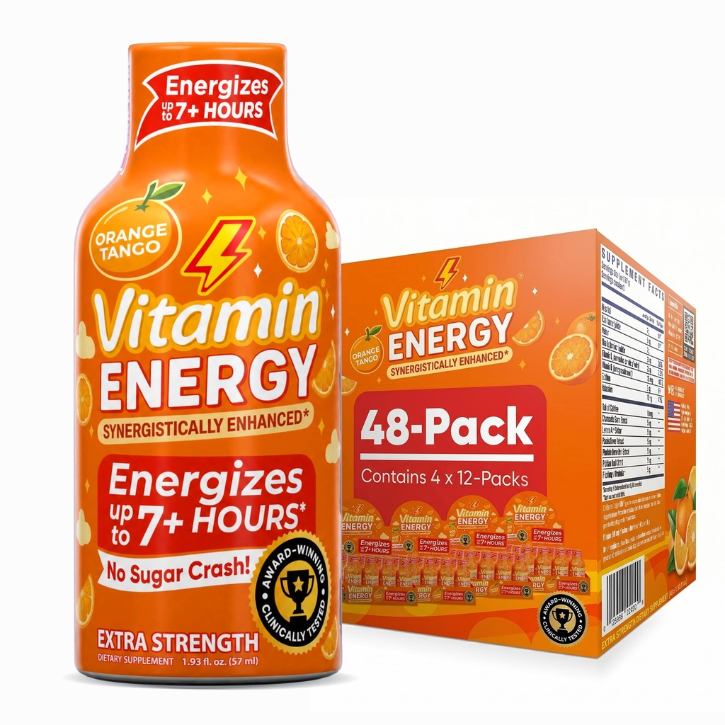 Vitamin Energy Orange Tango Extra Strength Energy Shot, 48 Pack - Up to 7 Hrs, 260mg Natural Caffeine, Zero Sugar - Green Tea Extract, Immune Support, B12 B6 Niacin, 1.93 fl oz, Keto Vegan