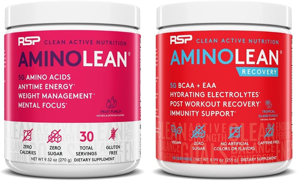 RSP NUTRITION AminoLean Pre Workout Energy (Fruit Punch 30 משרתים) עם AminoLean Recovery Post Workout Boost (Tropical Island Punch 30 משרתים)