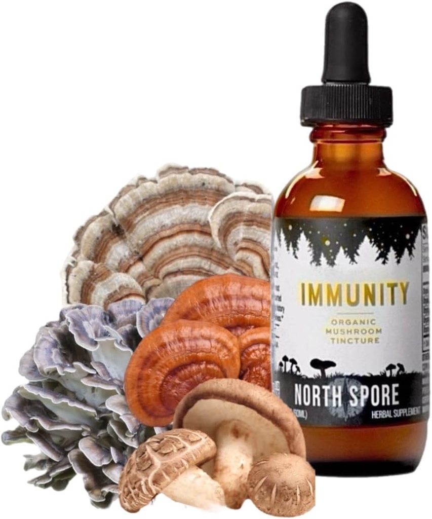 노스 스포어 유기 이문성 버섯 탄약 (2 oz) | 100 % 과일 바디 추출물 | Reishi, Chaga, Turkey Tail, Maitake, Shiitake | 인증 유기농, 비 GMO | Adaptogenic, 미국