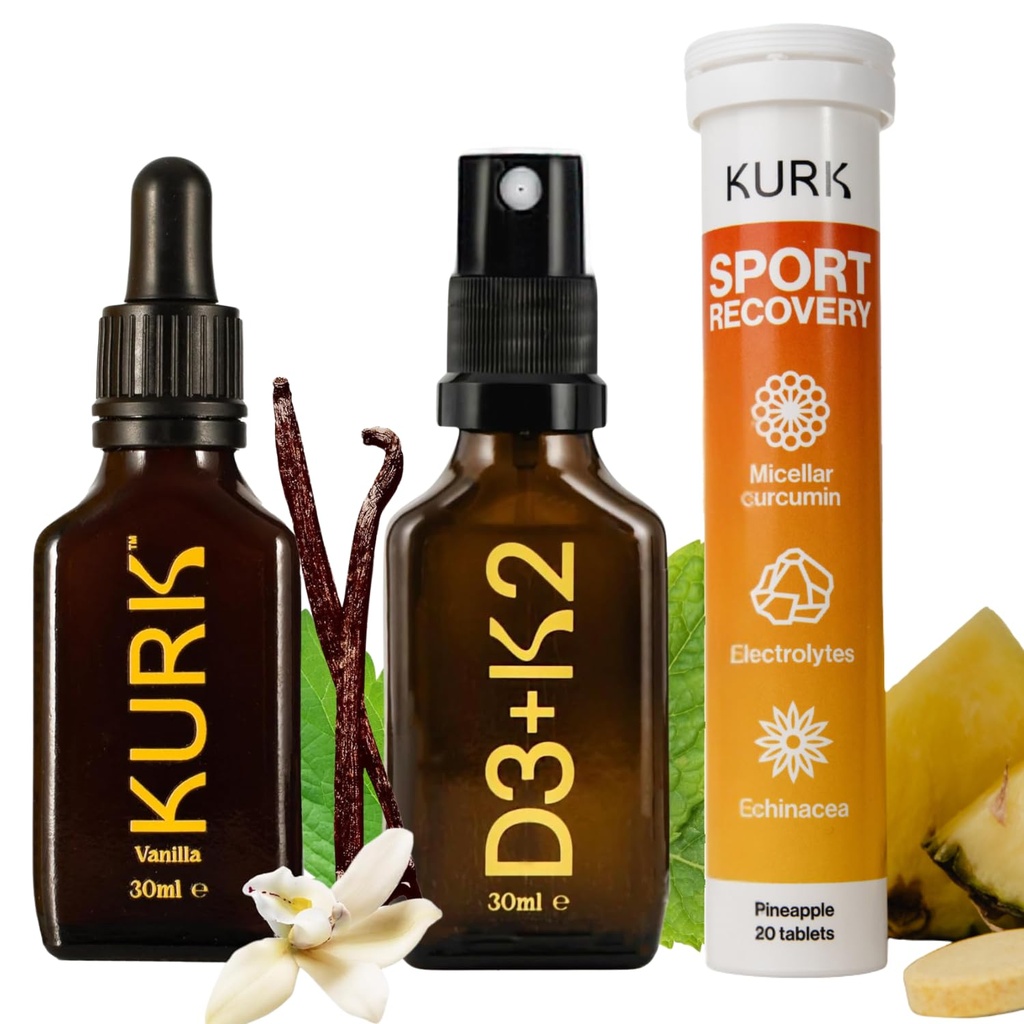 High Strength Liquid Curcumin Oil from Turmeric (Vanilla 1 Fl Oz), Sport Electrolyte Tablets (Pineapple 20 Tabs), and Vitamin D3 K2 Oral Spray Bundle