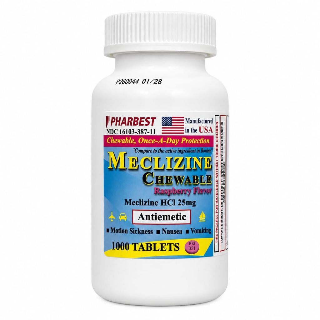 PHARBEST Meclizine HCl 25mg Chewable Tablets, 1000 Count Raspberry Flavor Helps for Nausea, Vomiting and Dizziness associated with Motion Sickness.
