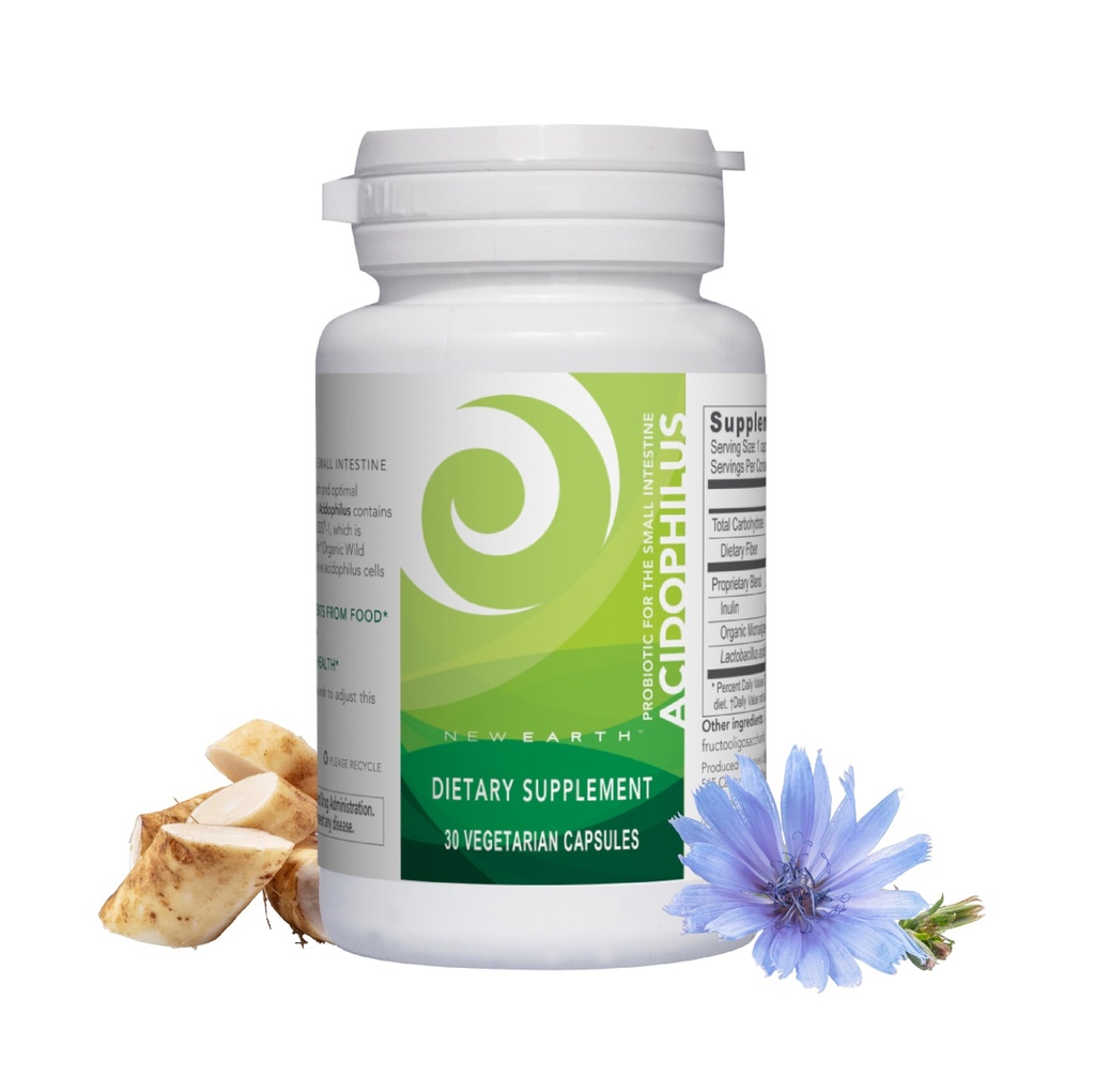 New Earth Acidophilus Lactobacillus DDS-1 - Probiotic for Upper GI Support - Inulin Prebiotic & Organic Wild Microalgae - 5 Billion CFU for Gut Health, Digestion & Immune Function - Vegan, 30 ct