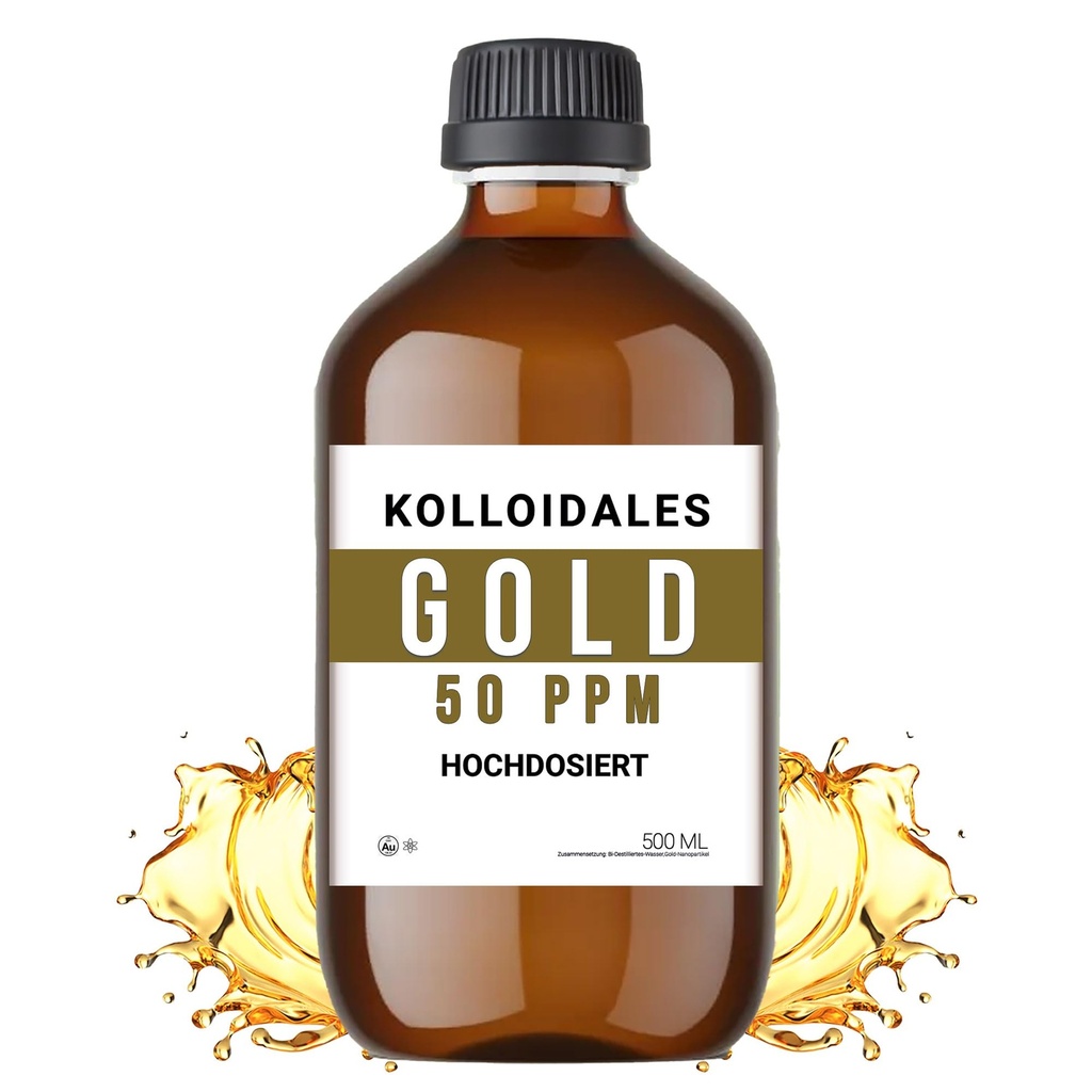 Colloidal Gold Solution - 50 PPM - 500ml - 99.99% Pure - High Purity - 24k - All Natural - Electrolysis Process - Glass Bottle - Ruby Red