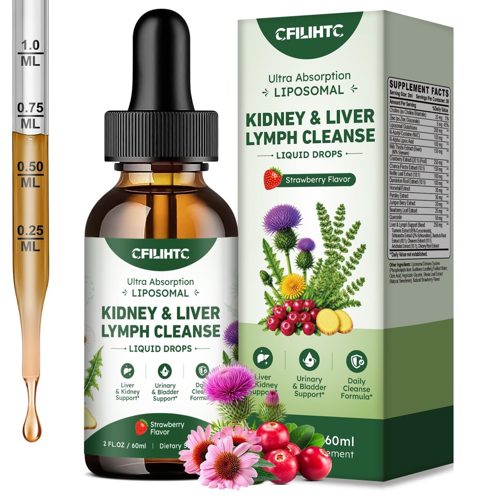 Kidney & Liver Cleanse Detox & Repair Drops, Liposomal Kidney & Liver Support with Glutathione, NAC, Cranberry, Milk Thistle & Chanca Piedra, Lymphatic Drainage, Urinary Tract Support, Strawberry 60ML