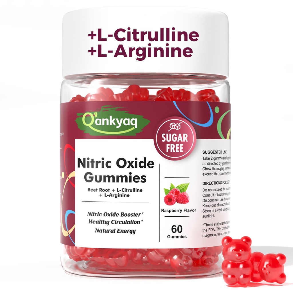 Q'ankyaq Nitric Oxide Gummies, Beet Root with L-Citrulline & L-Arginine, Nitric Oxide Booster for Men & Women, Energy, Endurance & Circulation Support, Sugar Free, 60 Counts