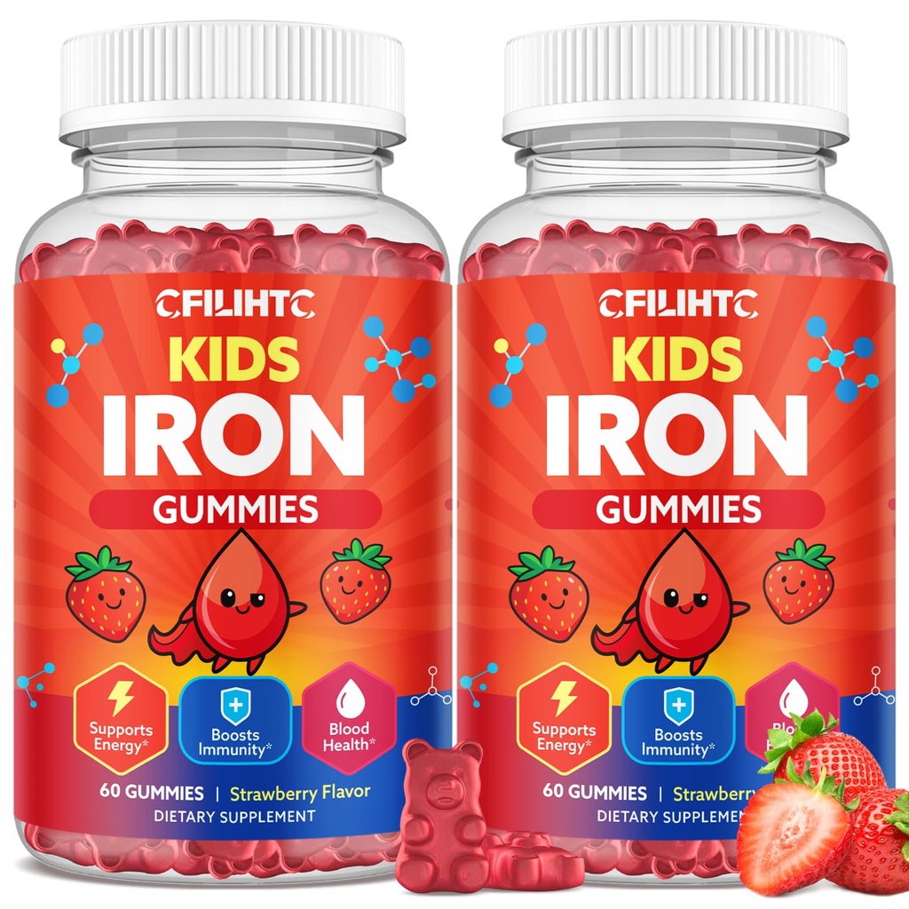 2PCS Iron Gummies for Kids & Teens, Kids Multivitamin with Iron Supplement, Calcium, Folate, Zinc, Prebiotic - for Blood Builder & Energy Support, Iron Deficiency - Vegan & Non-GMO - 120 Count