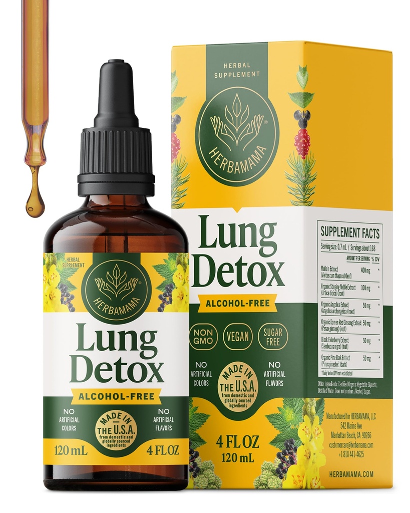 HERBAMAMA Herbal Lung Cleanse Drops - Vegan Respiratory Lung Support Supplement with Mullein Leaf, Stinging Nettle & Black Elderberry Extract - Non-GMO, Alcohol & Sugar-Free Tincture, 56-Day Supply