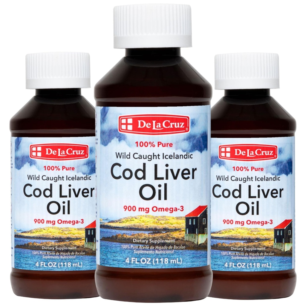 De La Cruz Cod Liver Oil Liquid - Pure Wild-Caught Icelandic Fish Oil 4 FL OZ (118 mL) 3-Pack