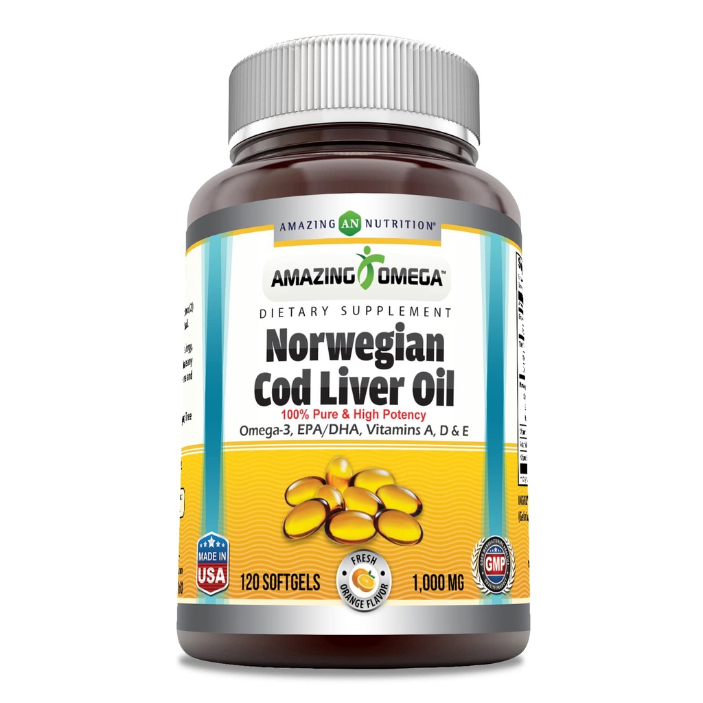 Amazing Omega Norwegian Cod Liver Oil (Omega-3, EPA/DHA) Supplement | 1000 Mg Per Serving | 120 Softgels | Orange Flavor | Non-GMO | Gluten-Free | Made in USA