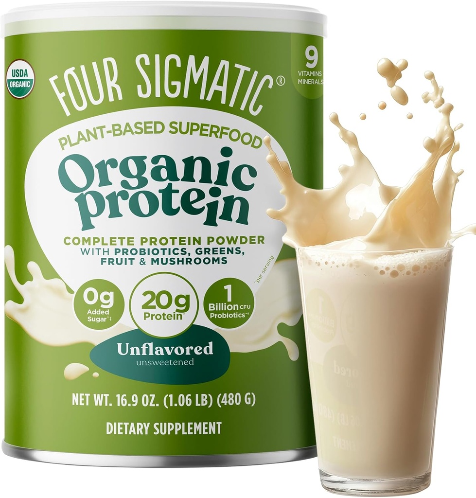 Keturi Sigmatic Organic Plant-based proteino milteliai Nearomatizuotas baltymas su Lion 's Mane, Chaga, Cordyceps ir More 124; Švarus Vegano baltymų padidėjimas smegenų funkcijos ir imuninės paramos 124; 16.9 oz