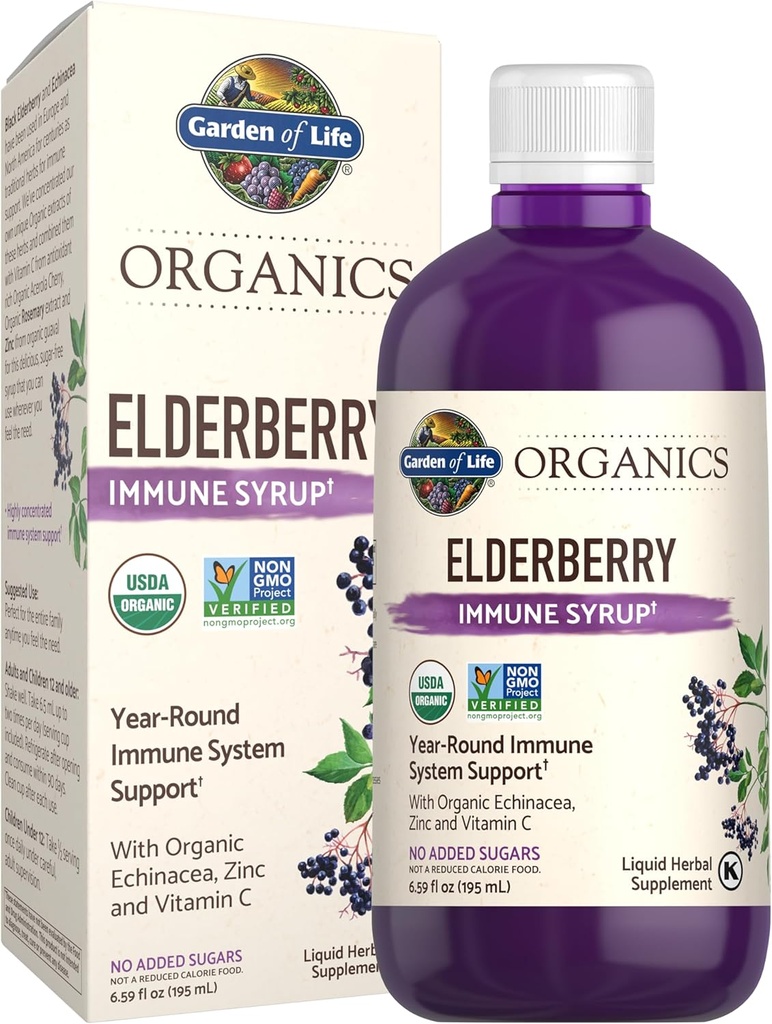 Life Organics Plant Based Elderberry Immune Syrup 6,59 floz (195 ml) lapsille ja aikuisille - Sambucus, Echinacea, Sinkki & C-vitamiini, 0g Sokeri, Organic Vegan Gluteeniton Herbal Supplement