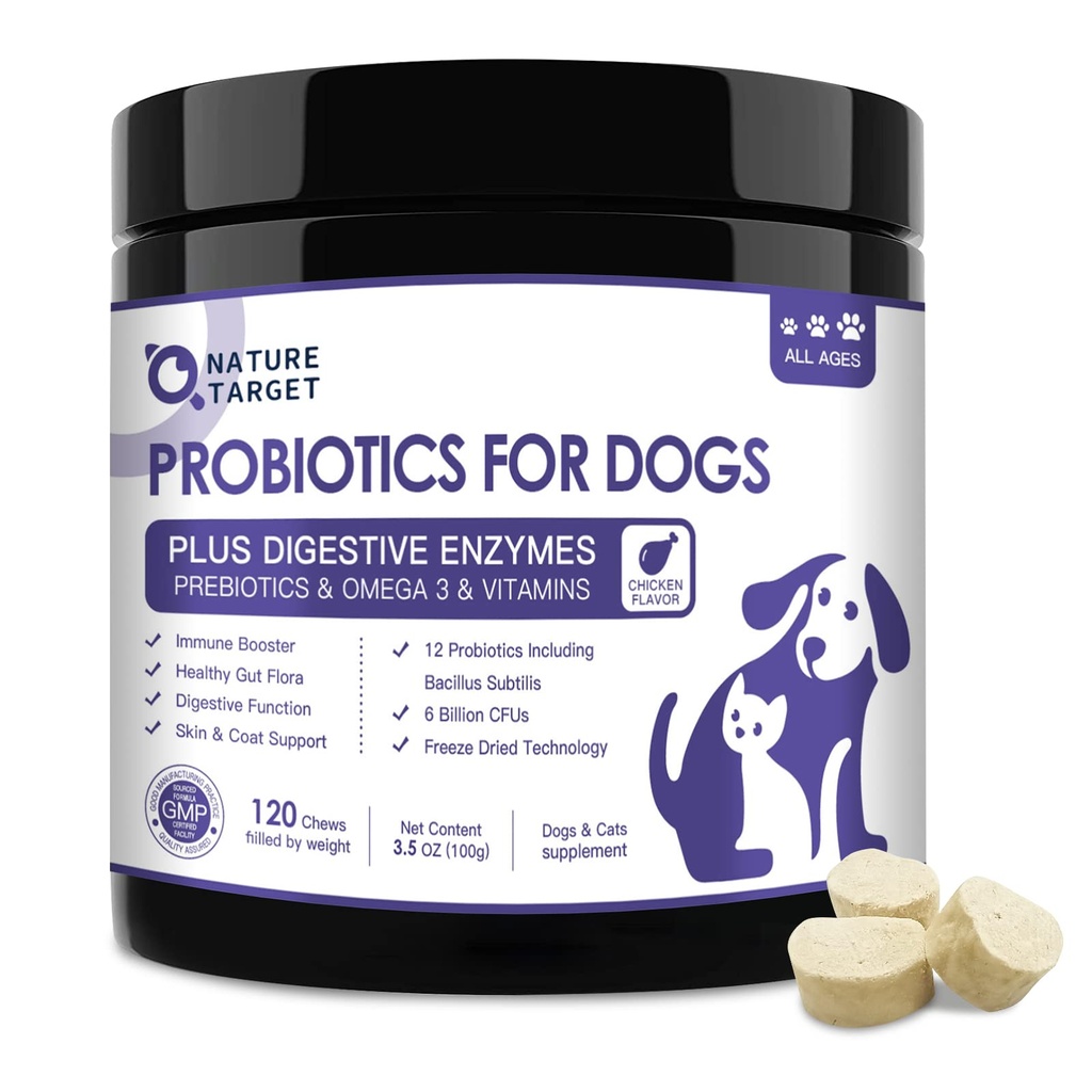 NATURE TARGET Probiotics for Dogs, 6 Billion Freeze Dried Dog Probiotics with Prebiotics & Enzymes, Vitamins, Omega 3, for Digestive & Gut Health, Itch Relief, Reduce Diarrhea, 120 Bites