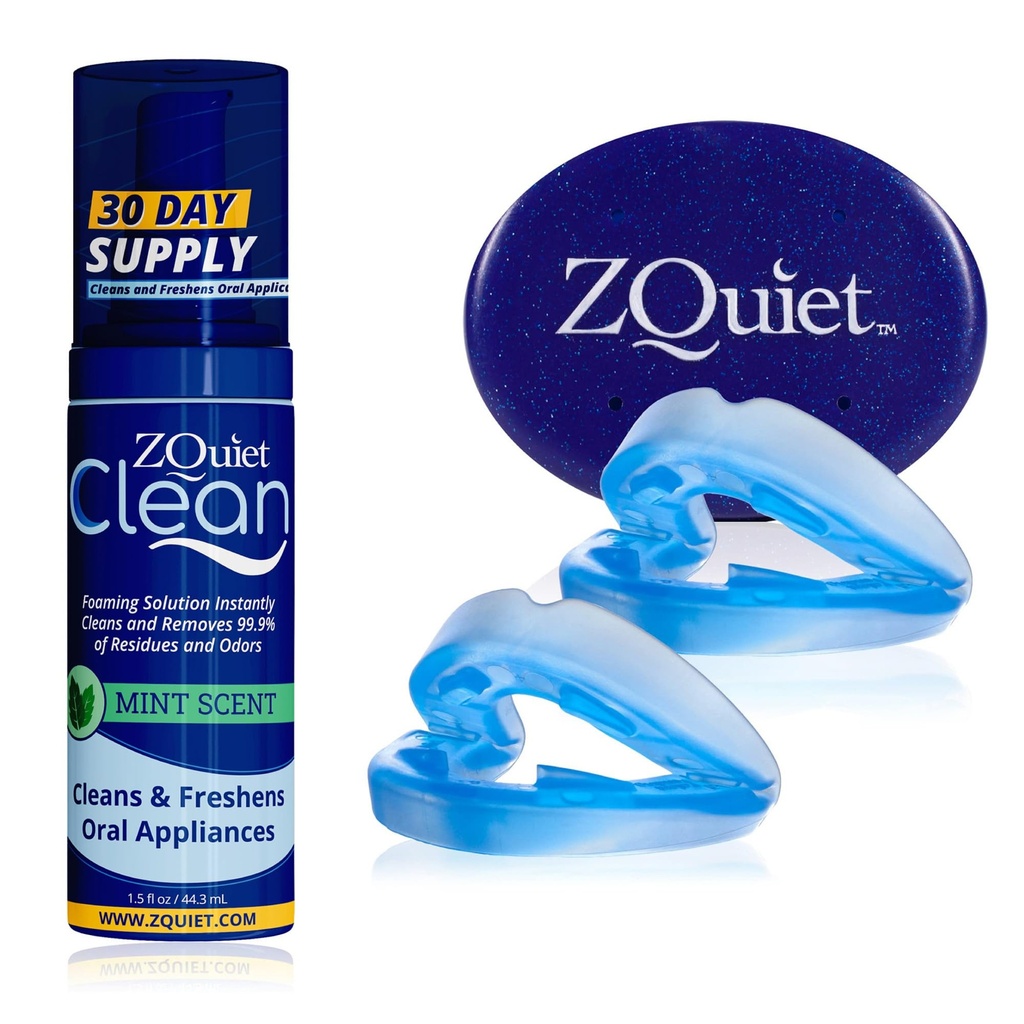 ZQuiet, Anti-Snoring Mouthpiece (Blue) + Cleaner (1.5oz Bottle), Starter Pack with 2 Sizes, Made in USA, BPA-Free, Medical-Grade Material
