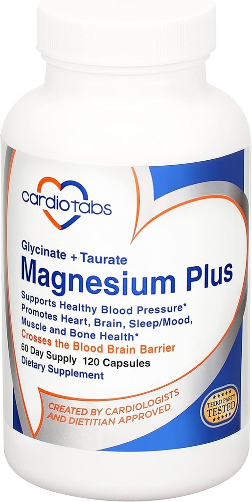 Magnis Plus - 200 mg magnio glicinato ir magnio Tauratas kraujiniam slėgiui, širdžiai, smegenims, miego ir nuotaikos palaikymui - Labai koncentruotas ir gerai absorbuotas - 120 kapsulių