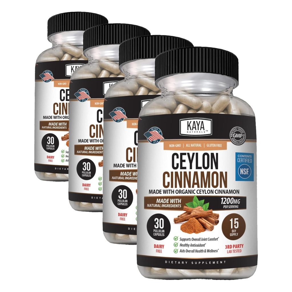 Kaya Naturals Ceylon Cinnamon Supplement | 1200mg per Serving, Vegan - Non-GMO & Gluten Free - 30 Capsules (Pack of 4)