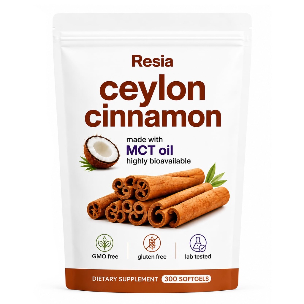 Resia Ceylon Cinnamon with MCT Oil, Organic Ceylon Cinnamon Powder Supplement, Energy & Metabolism Support, Non-GMO & Gluten Free - 300 Softgels