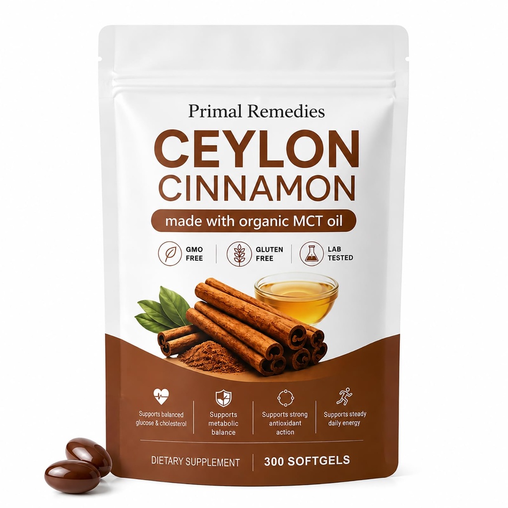 Primal Remedies Ceylon Cinnamon SoftGels with Mct Oil, Supports Metabolic Balance, Energy & Daily Wellness, Ceylon Cinnamon Organic, Non-GMO Gluten Free - 300 Capsule