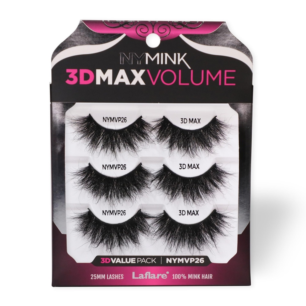 Laflare 3D NY MAX VOLUME 20-25mm Long Dramatic Styles, 100% Real Mink Hair Lashes, Luxury Makeup, Natural, Light, Trendy, Variety, Reusable, Multi-Layered 3 Pairs Value Pack Lashes (NYMVP-26X3P)