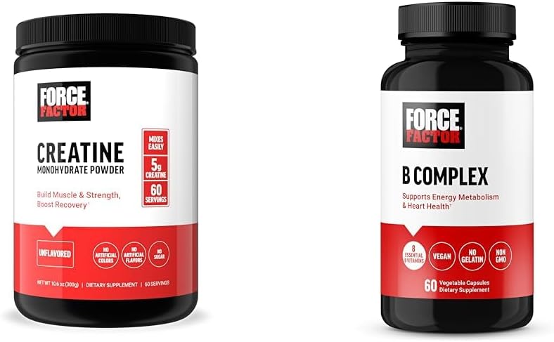 Force Factor Kreatinpulver 60 portioner och vitamin B Komplex 60 kapslar Bundle för muskelvinst, styrka, energi och snabbare återhämtning