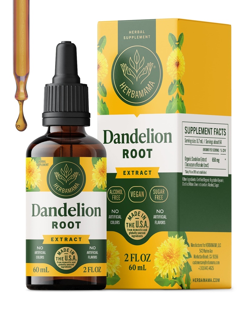 HERBAMAMA Dandelion Root Extract for Liver Detox – Lymphatic Drainage Drops – Dandelion Root Supplement – Non-GMO, Alcohol & Sugar-Free Liver Support Supplement - 28-Day Supply