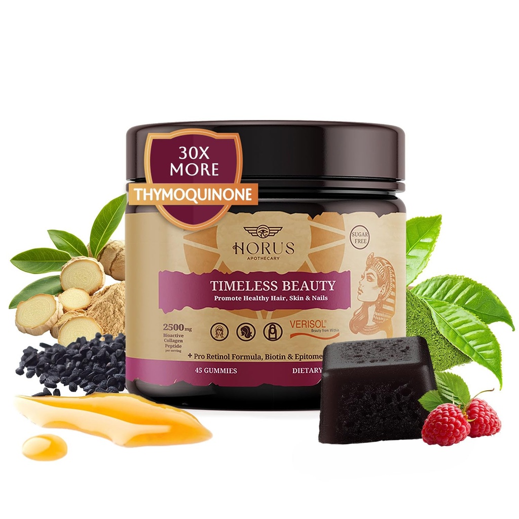 Horus Timeless Beauty Verisol Collagen Gummies – Sugar-Free, Black Seed Oil, Biotin, Antioxidants – Hair, Skin & Nails Support – Anti-Aging Supplement for Women – 45 Count