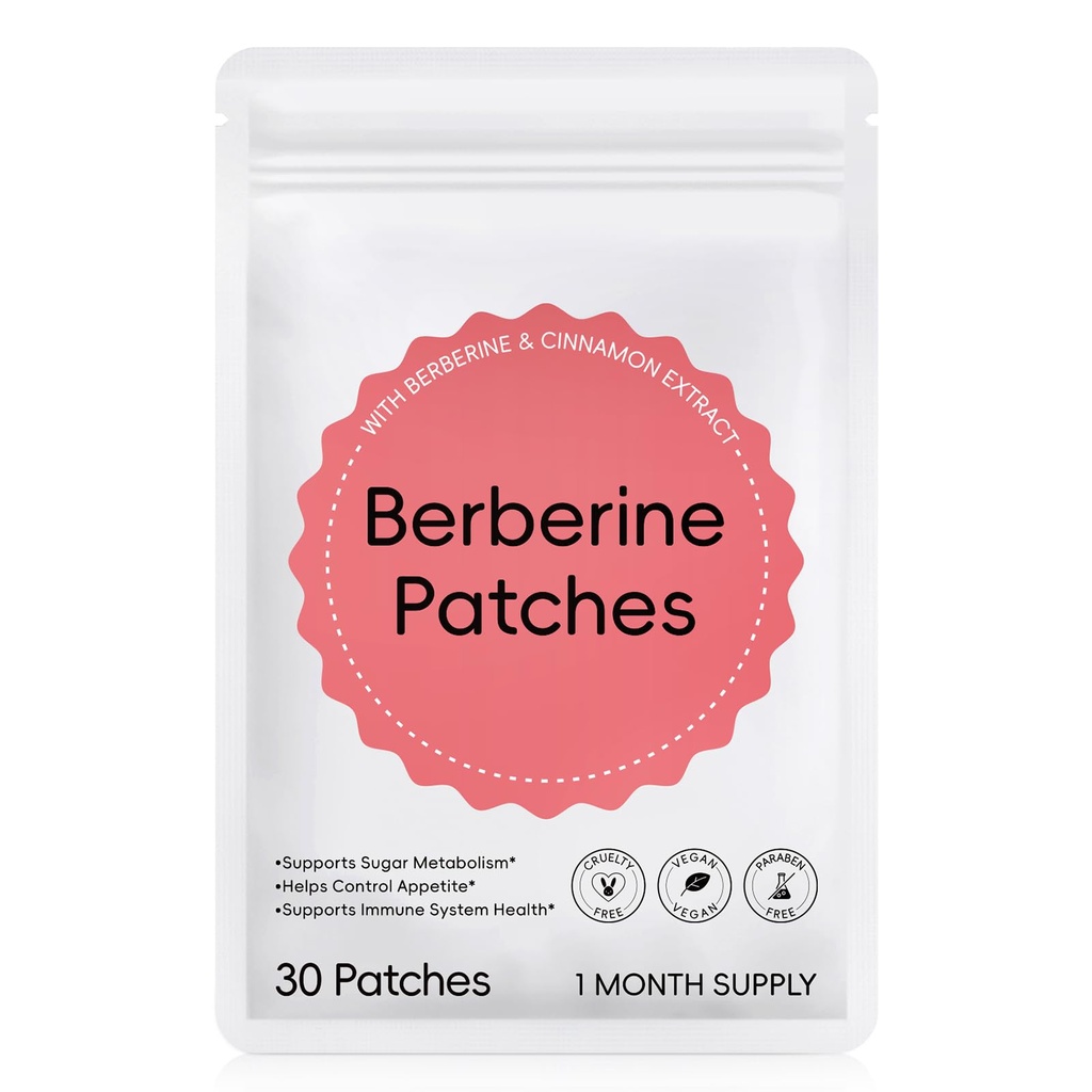 Berberine Patches for Women & Men, with Cinnamon, Chromium, L-Glutamine, Pomegranate, 8-Hour Long-Lasting Formula, Multi-Position Application, Vegan, Latex-Free, 30 Count