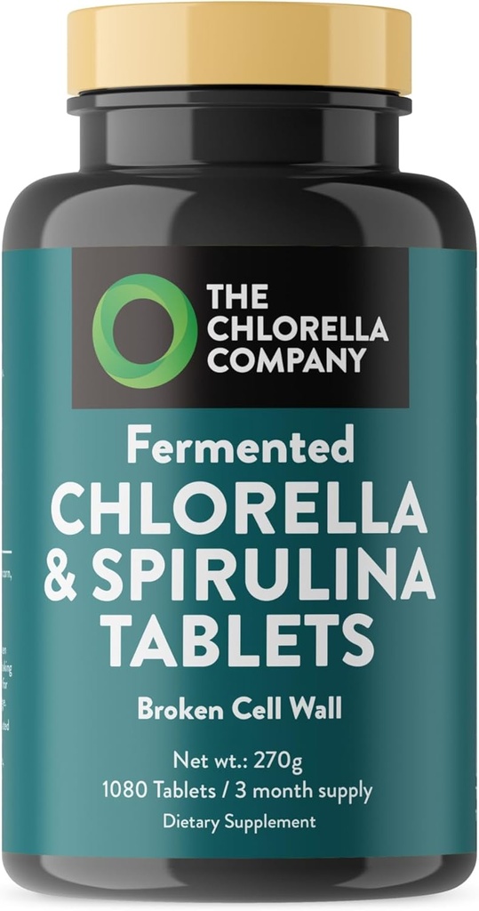 Fermentált Chlorella & Spirulina tabletta, Klorofill, Green Superfood, Algae kiegészítés, Heavy Metal Detox, Immuntámogatás, Törött sejtfal, 1350 tabletta, Non-GMO, Vegan