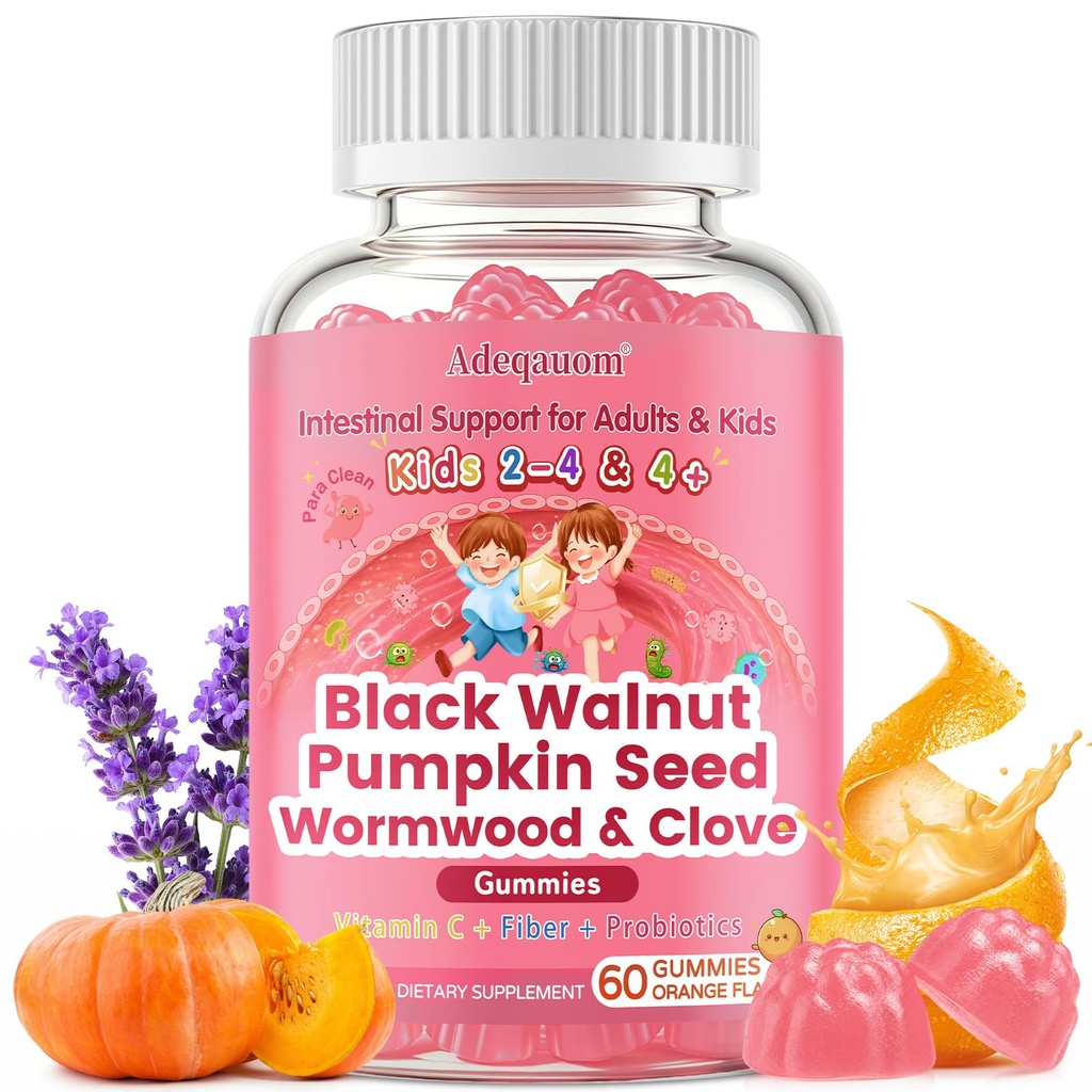 Parasite Cleanse Gummies for Humans & Kids w/Wormwood Black Walnut Clove Pumpkin Seeds, Vitamin C, D3, Zinc, Probiotics, Natural Gut Cleanse Digestive Supplement, Immune Support - 60 Counts