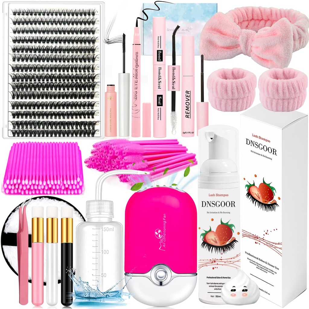 DIY Lash Extension Kit with 280 PCS 9-16mm 40D Lashes Clusters 200ml/6.7fl.oz Lash Cleanser Eyelash Shampoo Mini USB Portable Lash Fan Bond and Seal Remover Eyeliner Eyelid Cleaning Brush