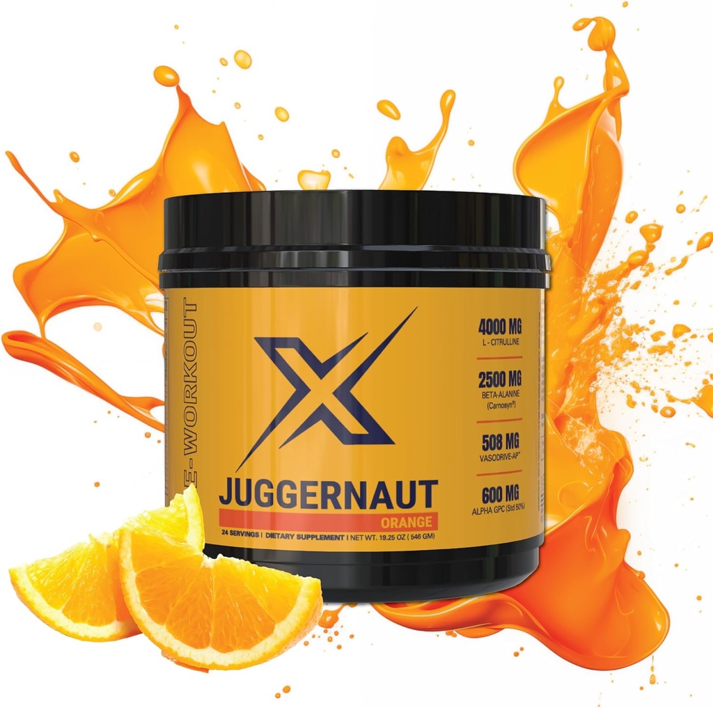 Juggernaut X Pre-Workout Supplement (Orange) - Boosts Strength, Endurance,Energy - L-Citrulline, Beta-Alanine, Creatine, Enhanced with VasoDrive for Blood Pressure Support - 30 Servings