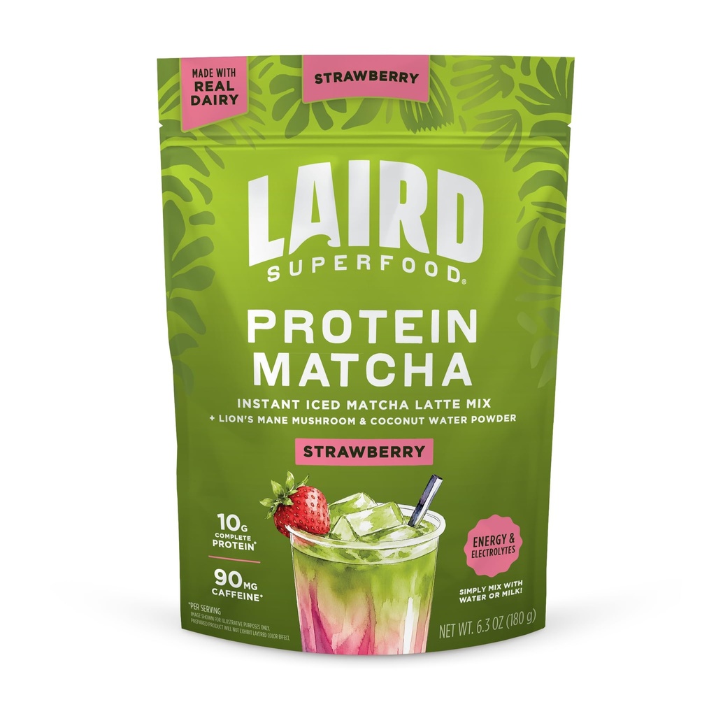 Laird Superfood Protein Matcha Strawberry, Instant Iced Matcha Latte Mix with 10g Complete Protein, Lion's Mane Mushroom & Coconut Water Powder, No Added Sugar, Strawberry, 6.3 oz