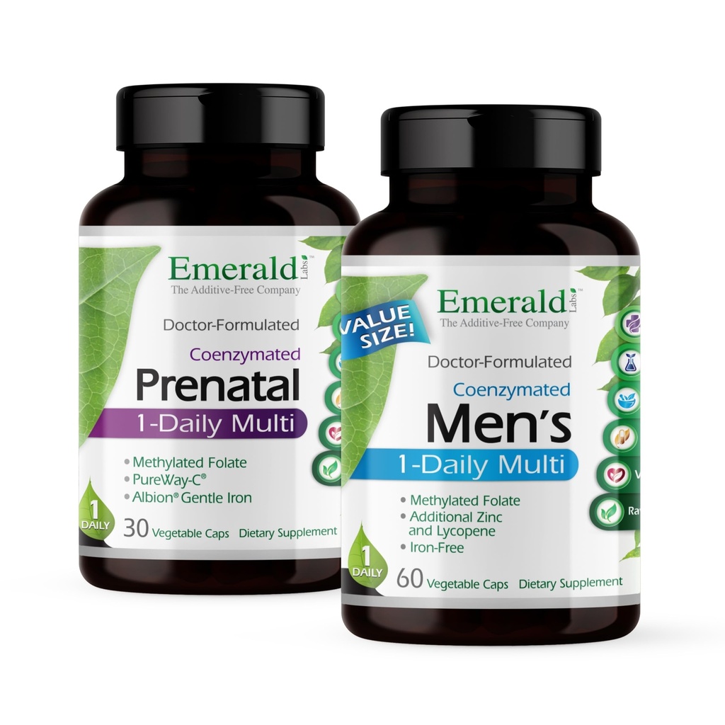 Emerald Labs Bundle with Prenatal 1-Daily Multi (60 Veg Caps) & Men's 1 Daily Multi (30 Veg Caps) - Prenatal Multivitamin with Methylated Folate, Iron & More* - Men's Multi with Lycopene, Zinc & More*