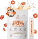 Genius Brand Genius Hydrate - Electrolyte Addition for Daily Hydration - Kokosų vanduo - Becukrė - 8 Eteriniai mineralai ir maistinės medžiagos - Non-GMO - Sour Peach Rings - 20 Servings