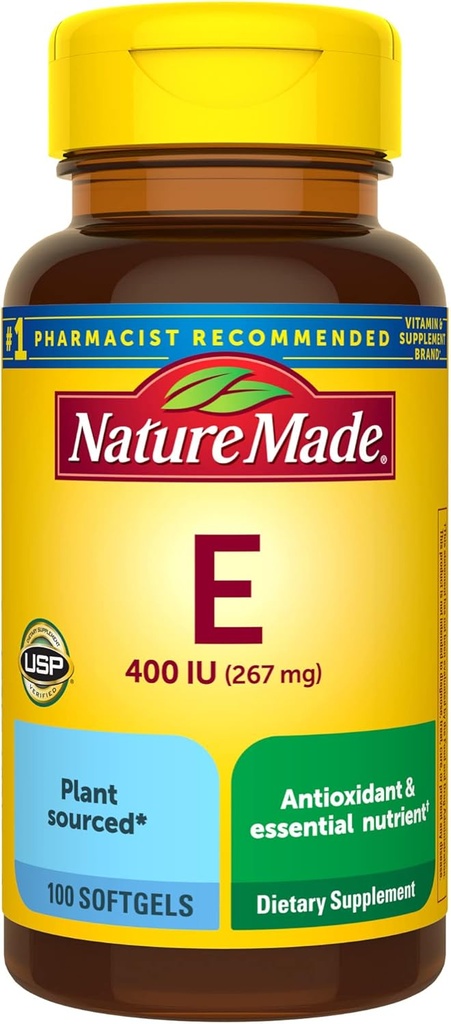 Nature Made Vitamin E 267 mg (400 IE) d-Alpha, Kosttillskott för antioxidantstöd, 100 Softgels, 100 Day Supply