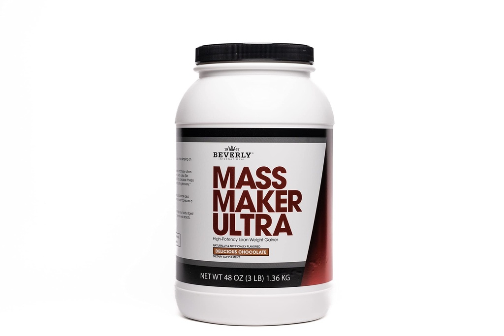 Beverly International Mass Maker Ultra Chocolate, 14 Servings, 3lb. Build Lean Mass Like a Pro. Milk Protein Isolate, Whey Protein Isolate + Egg. MCT Oil. Clean Carbs, Great Taste