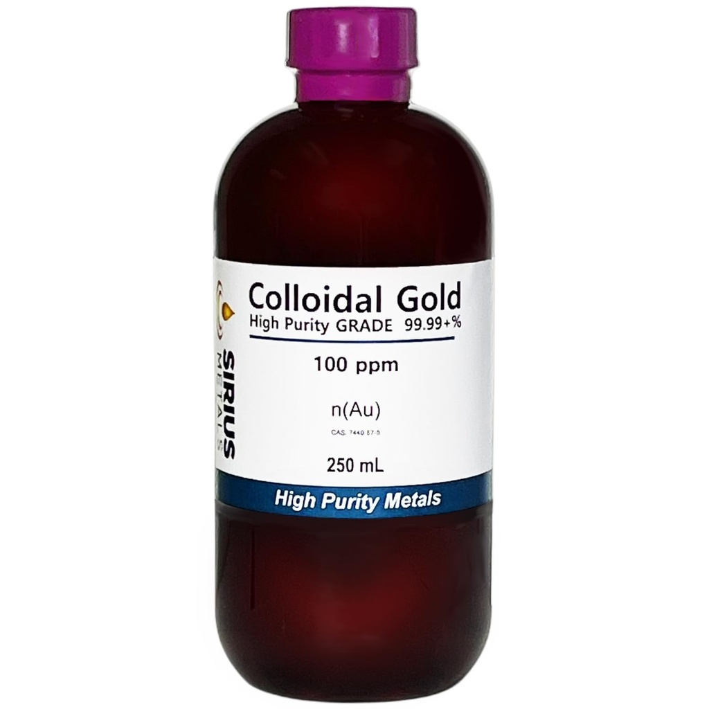 250 mL of Gold NanoParticle (AuNP) Solution: 100 mg/L of 99.99+% Pure Gold AuNPs in Water - Clear Plastic Bottle