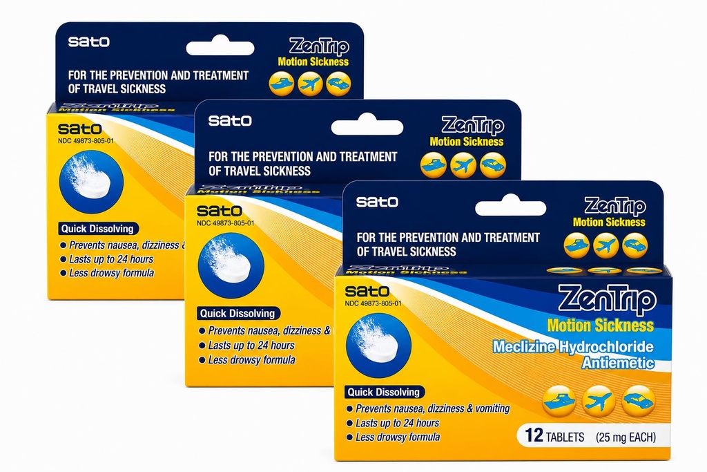 Sato ZenTrip Motion Sickness Tablets, Meclizine HCl 25mg, Fast-Dissolving Travel Sickness Relief for Nausea, Vomiting & Dizziness, Citrus Flavor, Made in Japan, 36 Tablets Total, Pack of 3 Boxes