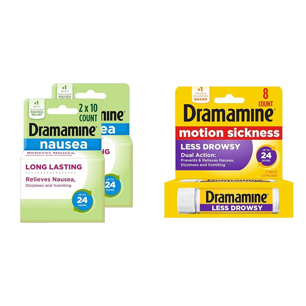 Dramamine Nausea Long Lasting 10 Count 2 Pack and Motion Sickness Relief Less Drowsy 8 Count