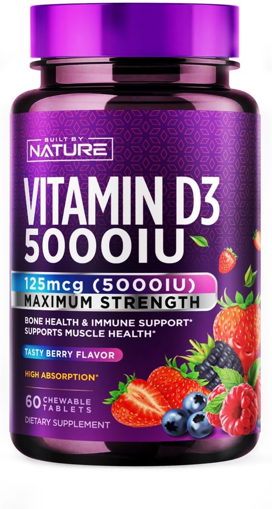 Construido por Nature Chewable Vitamina D3 5000 UI - Vitamina D Suplemento Chews – Sugar Free &amp; Natural Berry Flavor - 60 Tablets