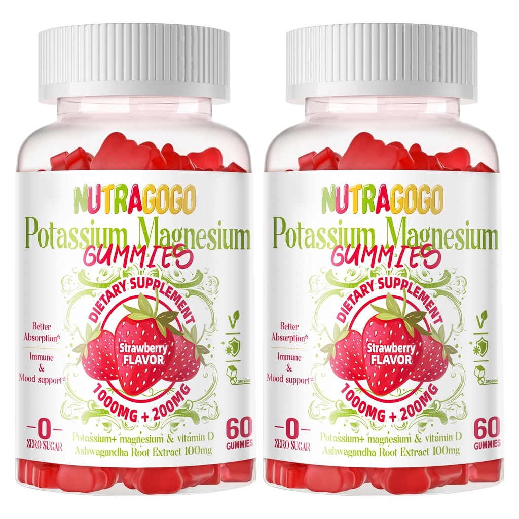 Potassium Magnesium Gummies,Potassium Supplement w/Ashwagandha,High Absorption Magnesium Glycinate,B6,D3,Potassium Citrate,Electroyte for Adults Kids,Sugar-Free, 120 Strawberry Chews
