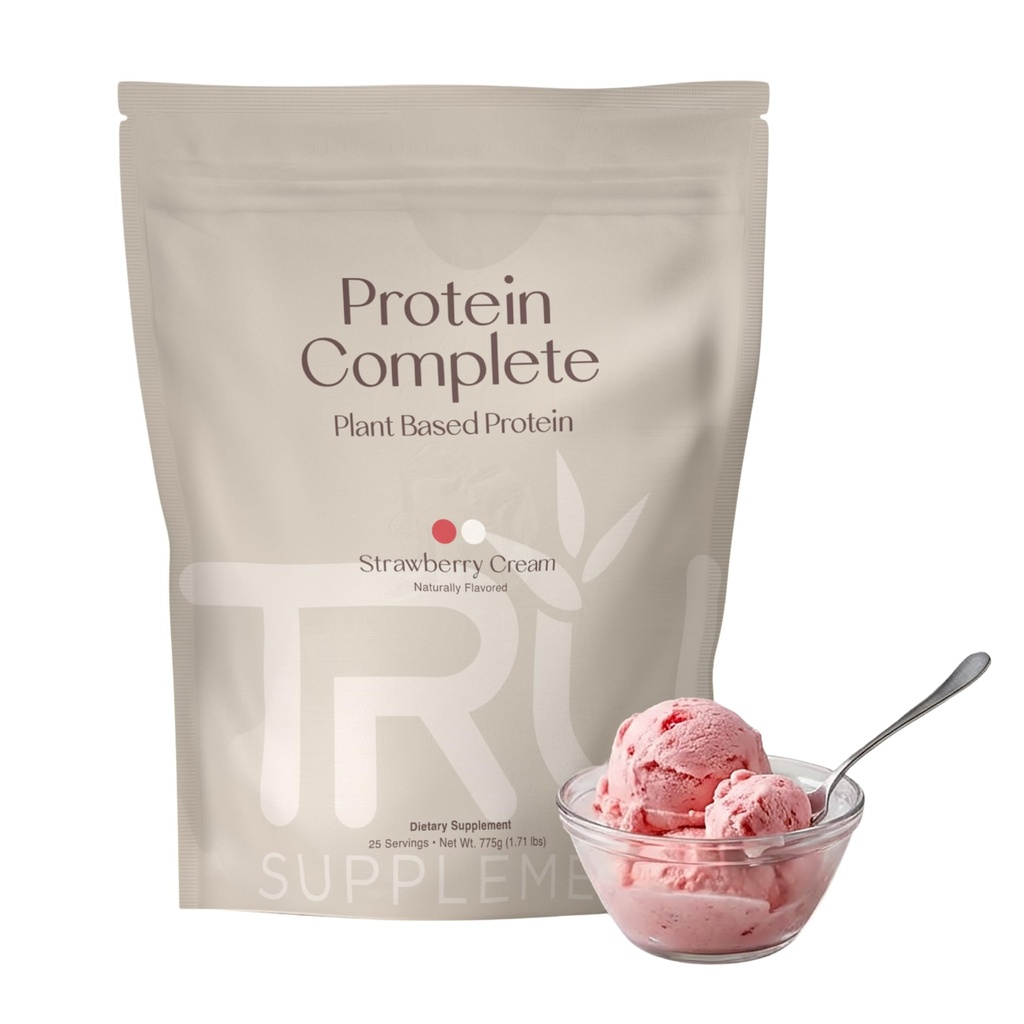 TRU Supplements Plant Based Protein Powder, BCAA, EAA, 20g Vegan Brown Rice & Pea Protein, 100 Calories, 27 Vitamins, No Artificial Flavors 25 Servings (Strawberry Cream)