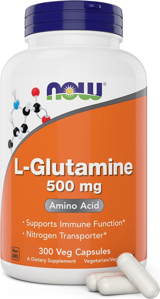 Ahora L-Glutamina 500mg 300 Veg Capsules - Suplemento No-GMO - Cápsulas de Lglutamina Vegan