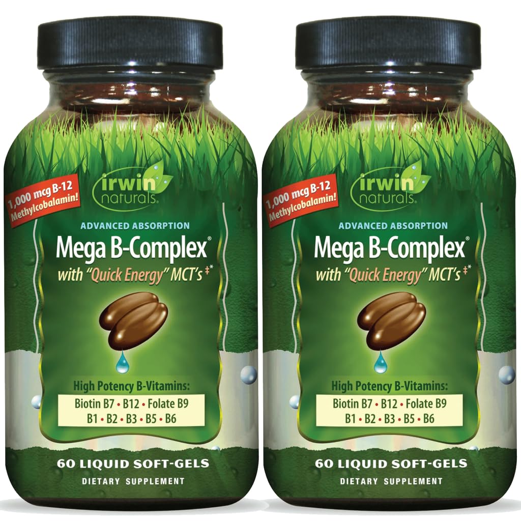 Irwin Naturals Mega B-Complex - Vitamin B Complex with Vitamin B12, Folate B9, Biotin B7, B1, B2, B3, B5, B6, and Quick Energy MCTs - 60 Liquid Softgels (2 Pack)